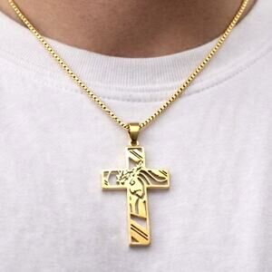 Gold Tone Crown of Thorns Cross Necklace 18k Plated 22” 1mm Box Chain